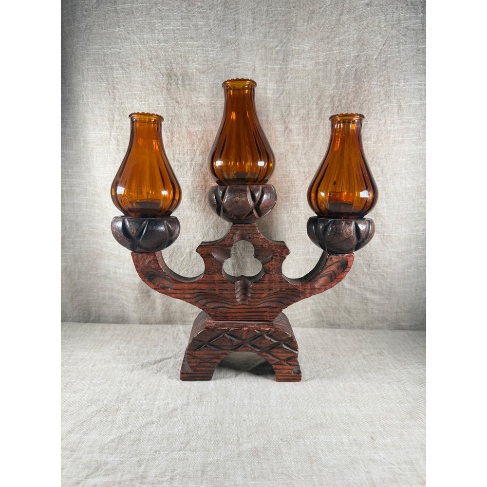 Vintage Brutalist Hand Carved Wood 3 Light Candelabra Amber Glass Chimneys MCM